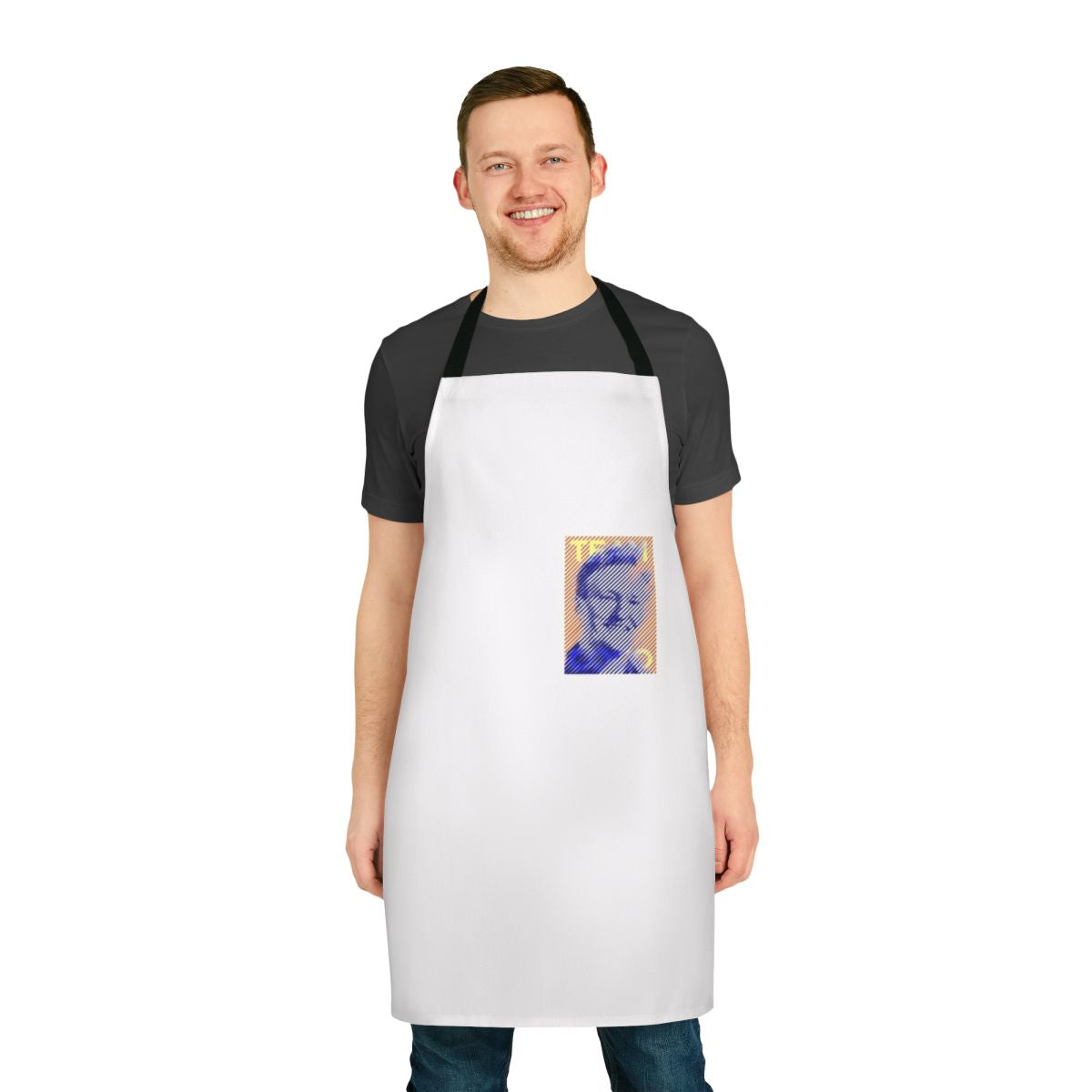 Conan Obrien-inspired apron featuring a pop art portrait design in orange and blue