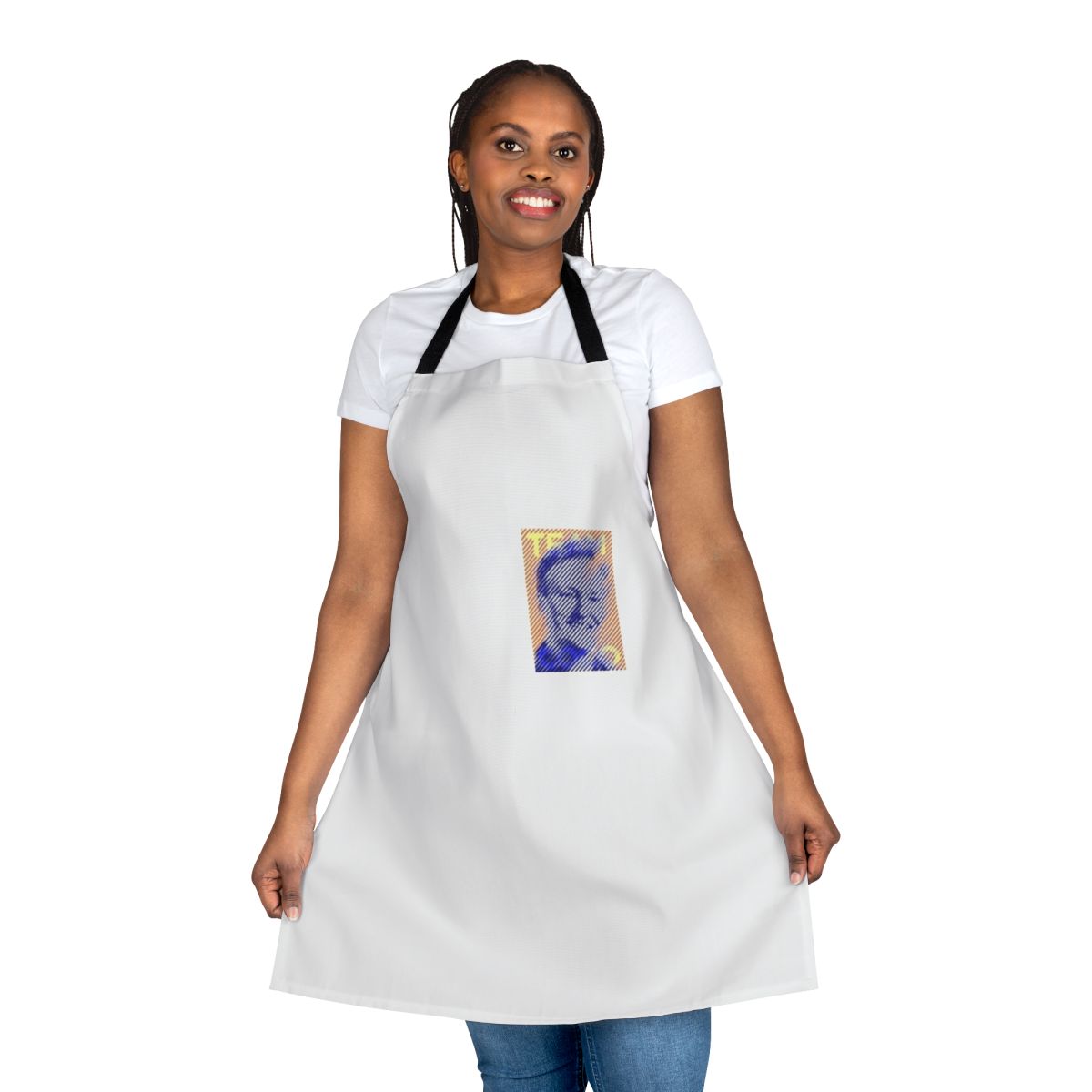 Conan Obrien-inspired apron featuring a pop art portrait design in orange and blue