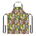 Colorful apron featuring a vibrant pattern of various conure and parrot species