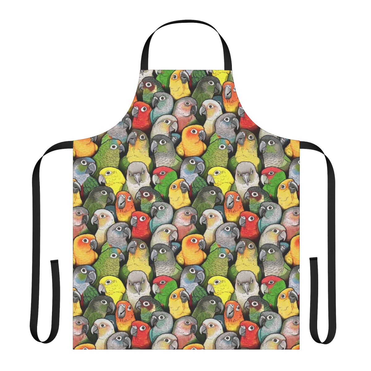Colorful apron featuring a vibrant pattern of various conure and parrot species