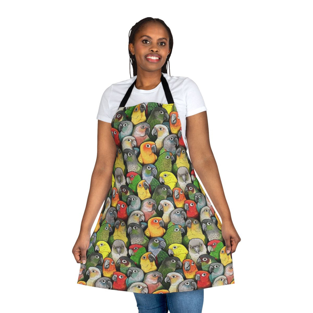 Colorful apron featuring a vibrant pattern of various conure and parrot species