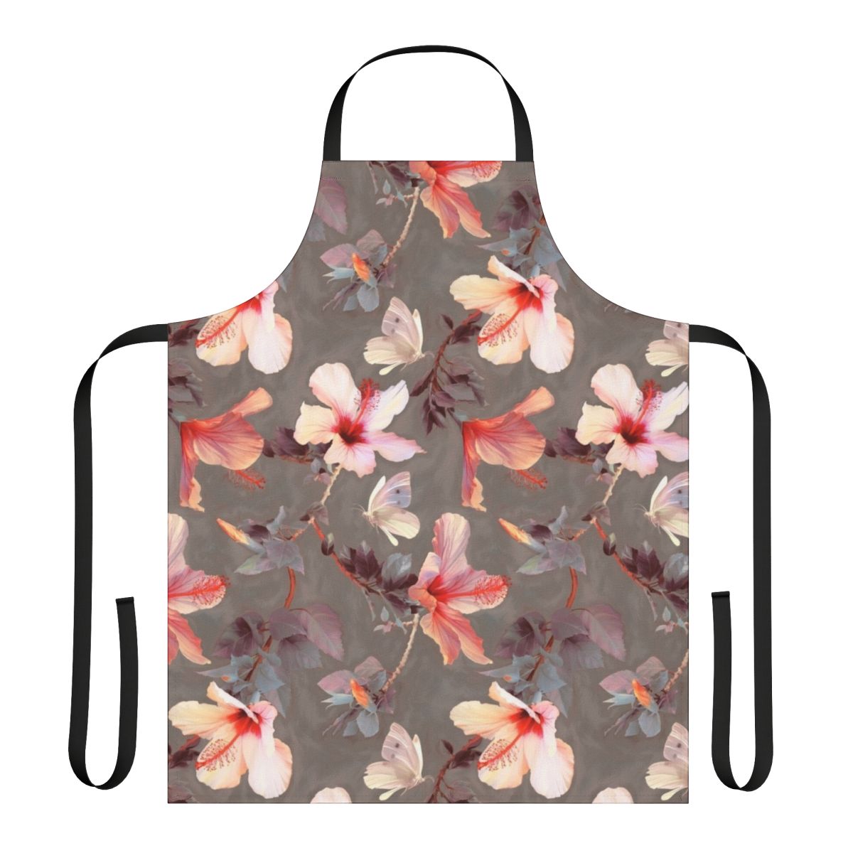 Coral hibiscus floral design apron with painted butterfly and flower pattern