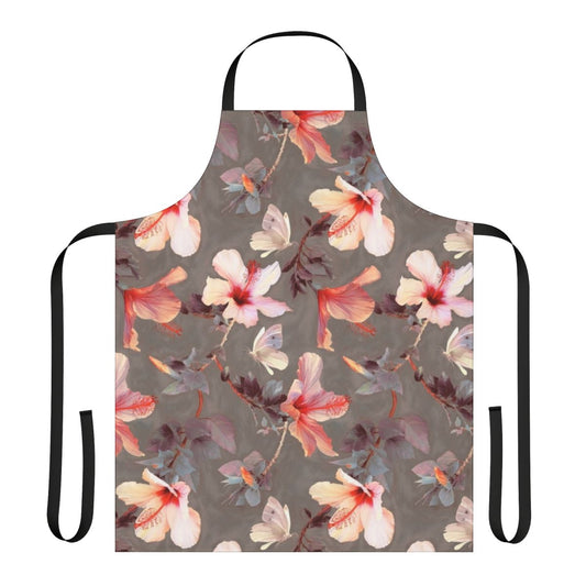 Coral hibiscus floral design apron with painted butterfly and flower pattern