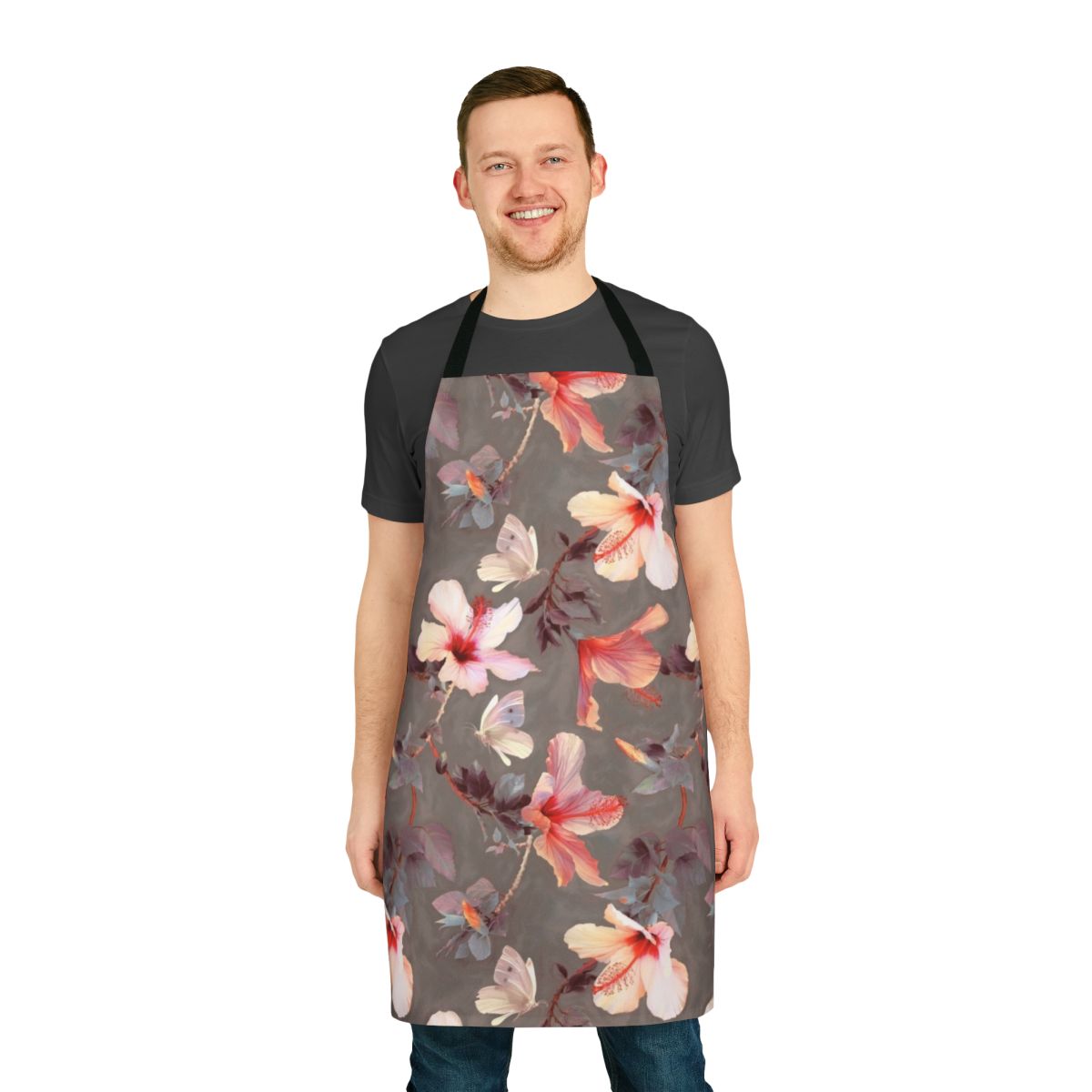 Coral hibiscus floral design apron with painted butterfly and flower pattern