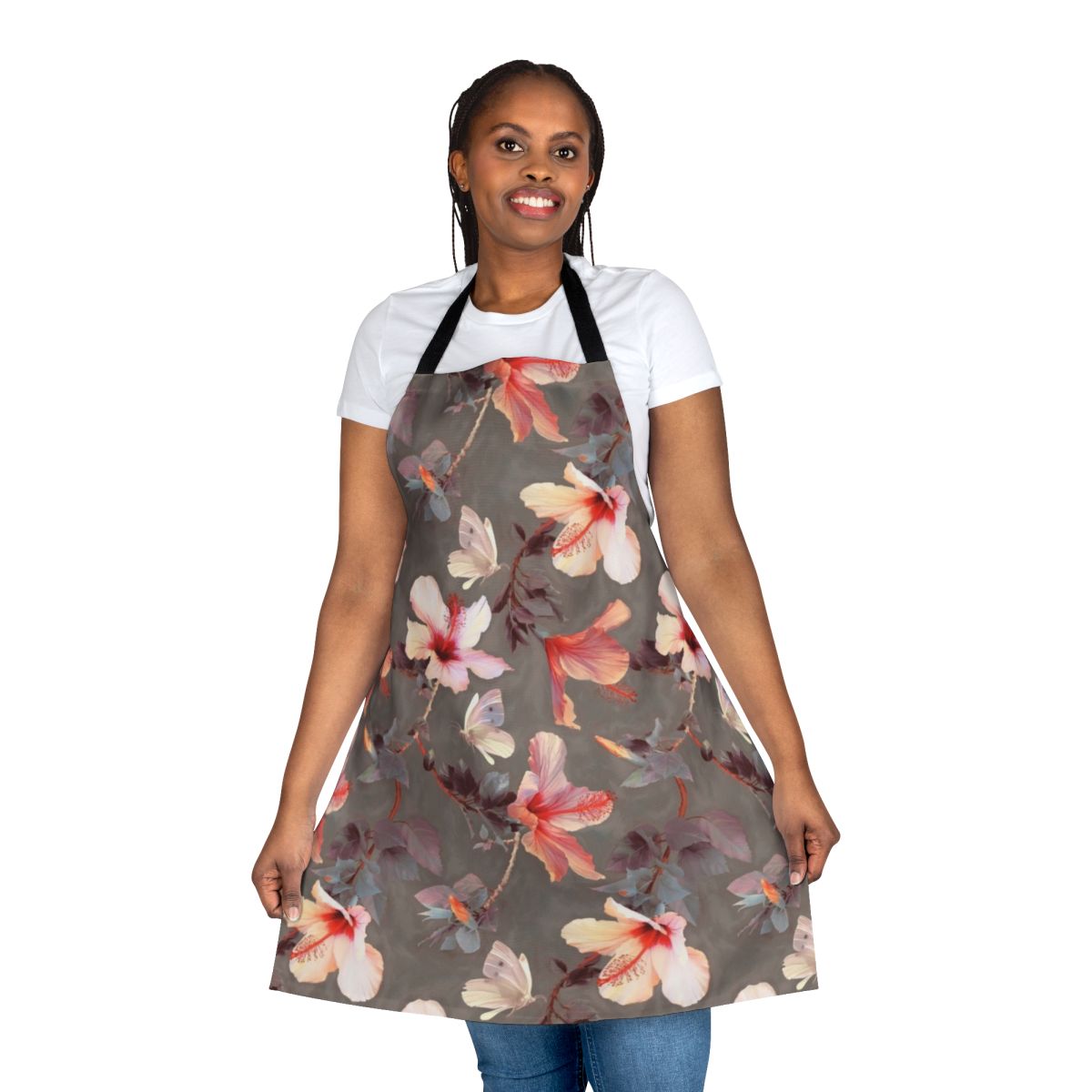 Coral hibiscus floral design apron with painted butterfly and flower pattern