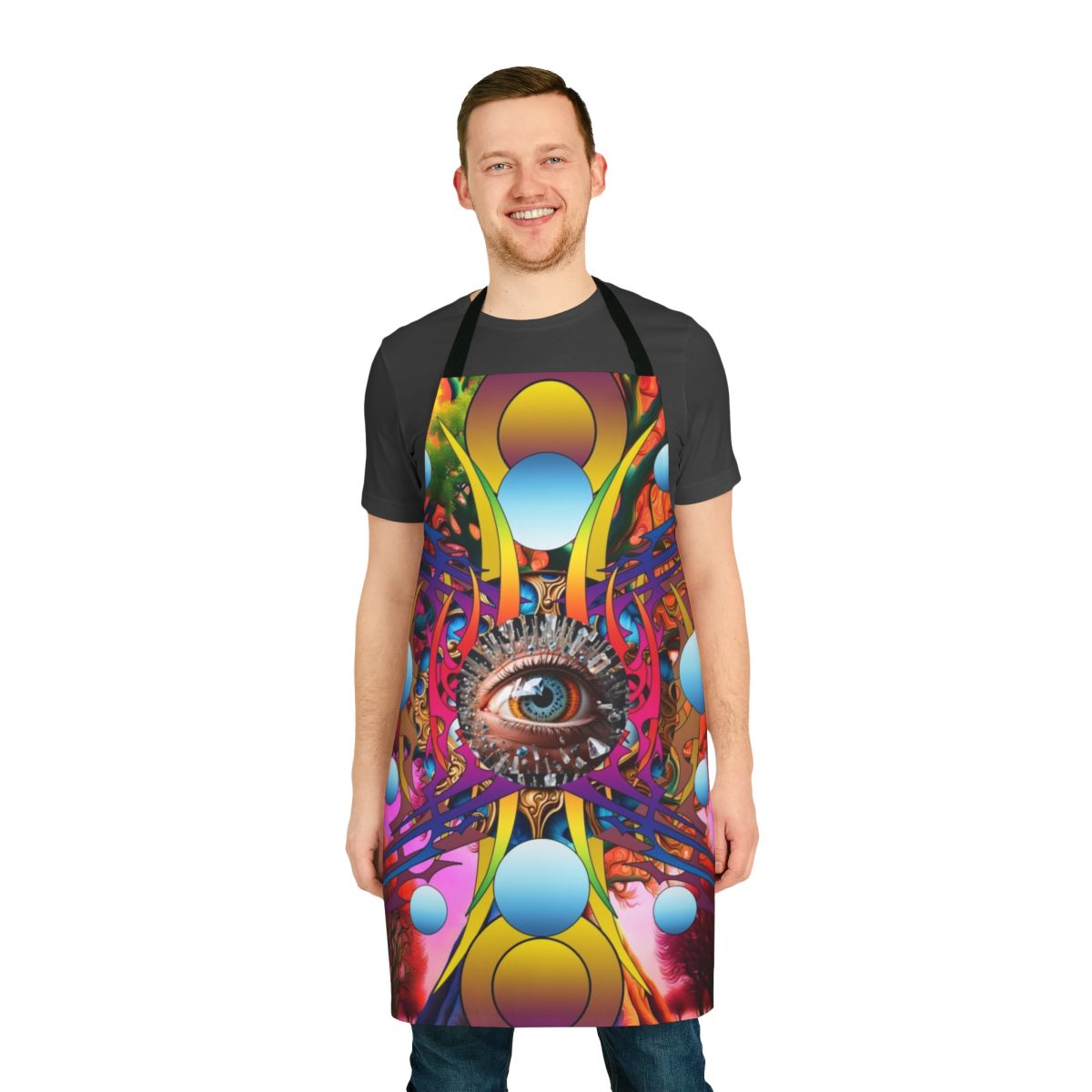 Colorful apron with a cosmic tree design, perfect for the modern kitchen