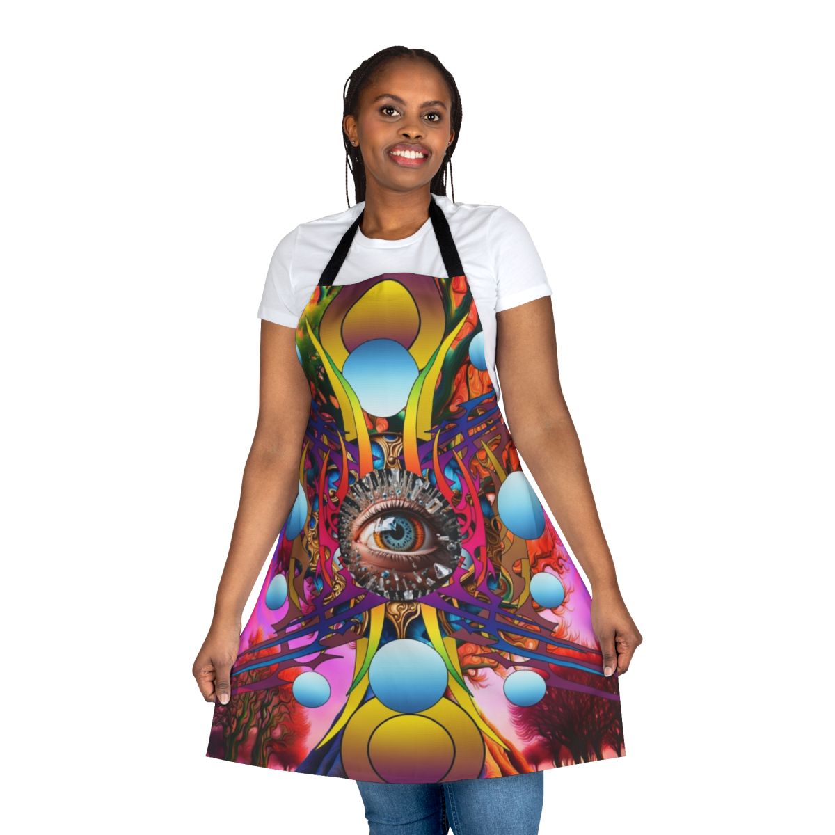 Colorful apron with a cosmic tree design, perfect for the modern kitchen