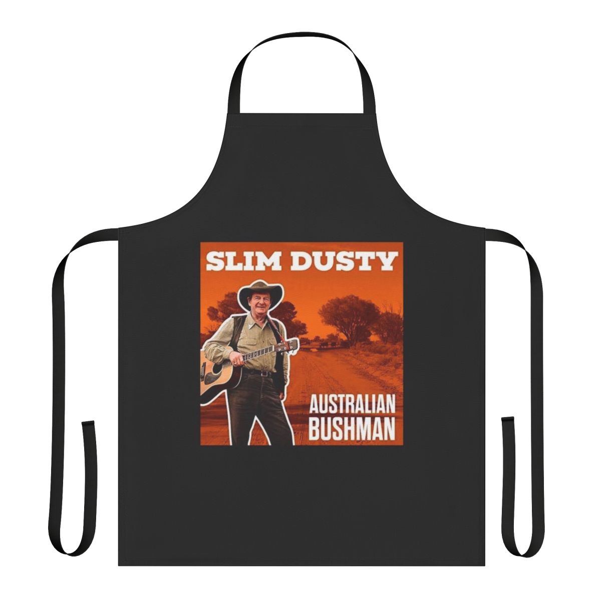 Apron featuring a vibrant, country-inspired design with graphics and text in a pop art style
