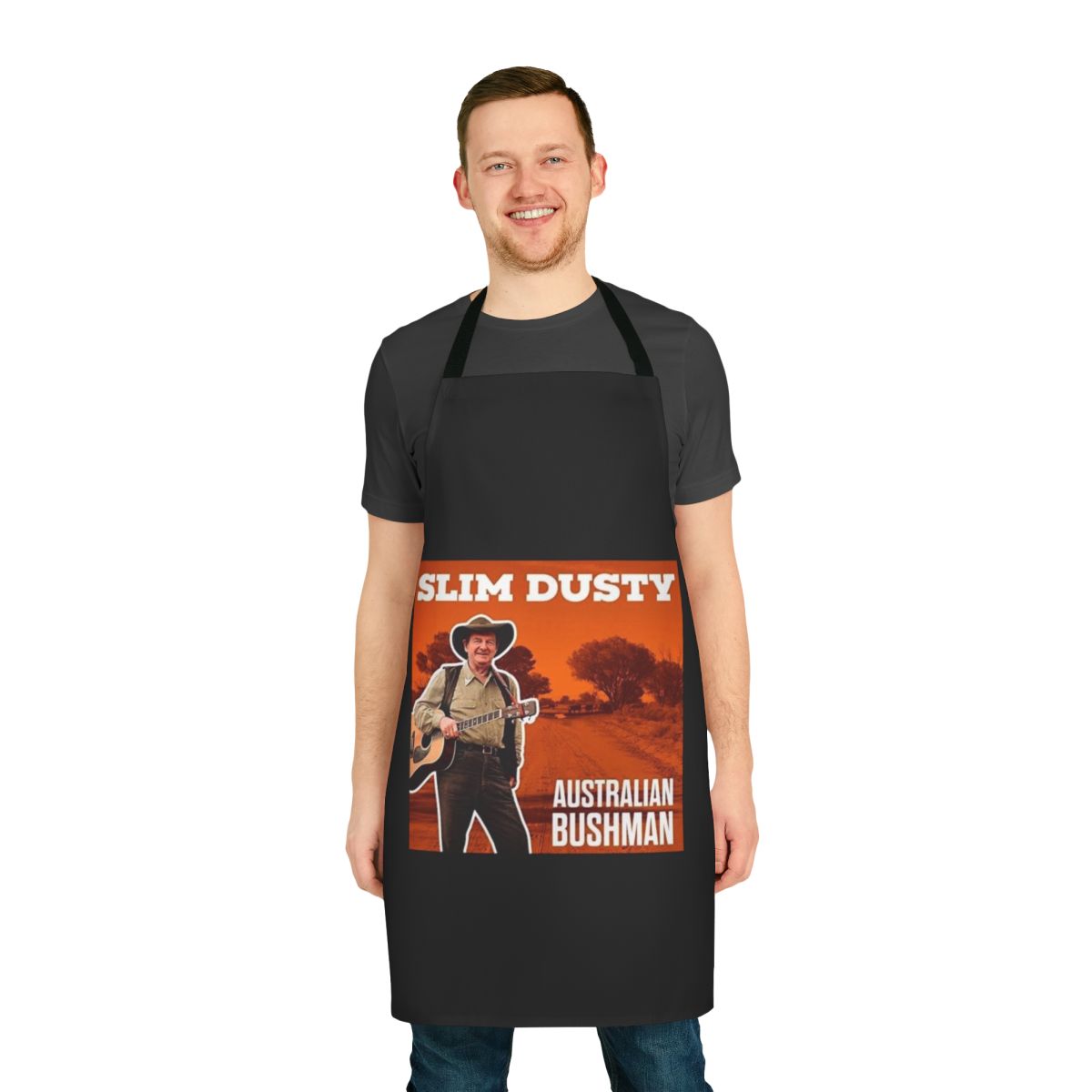 Apron featuring a vibrant, country-inspired design with graphics and text in a pop art style