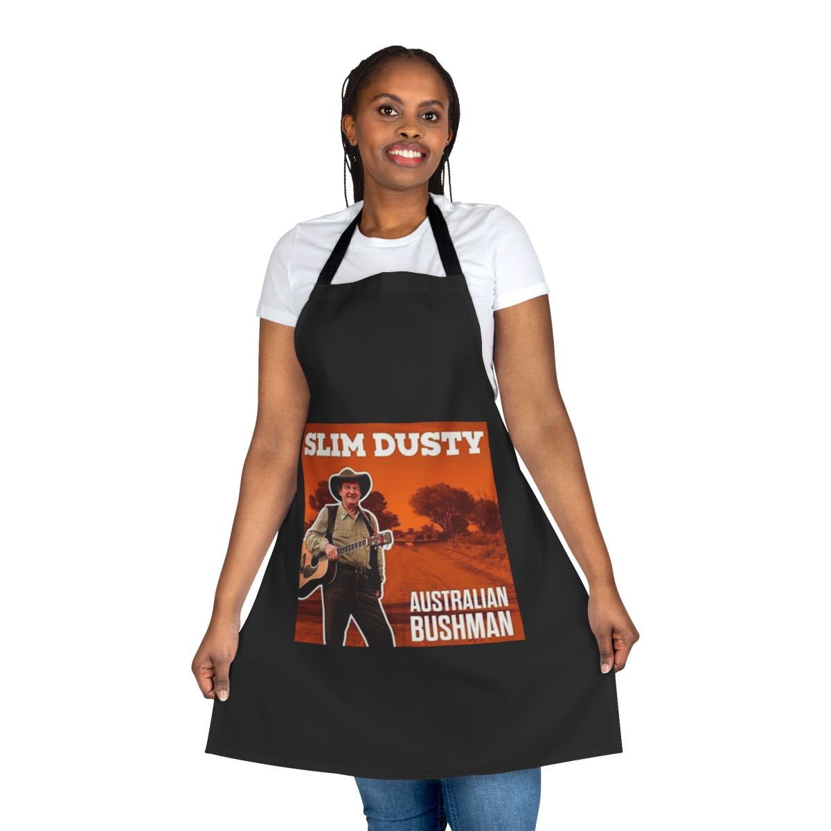 Apron featuring a vibrant, country-inspired design with graphics and text in a pop art style