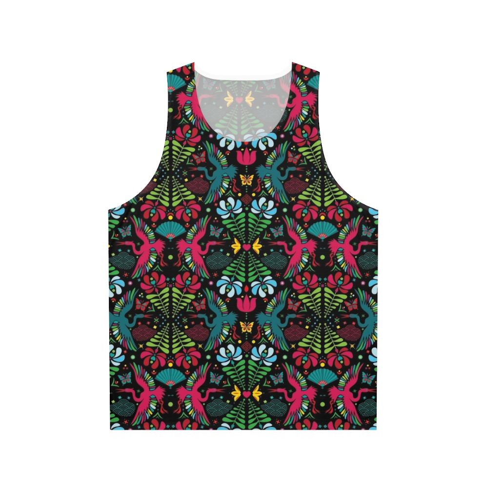 Unisex tank top with colorful crane and floral pattern