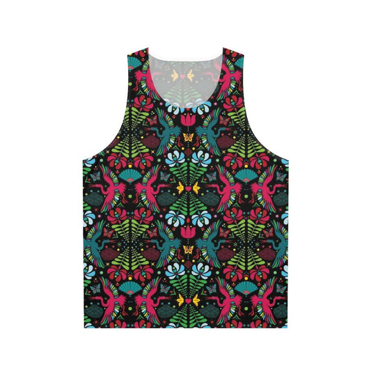 Unisex tank top with colorful crane and floral pattern