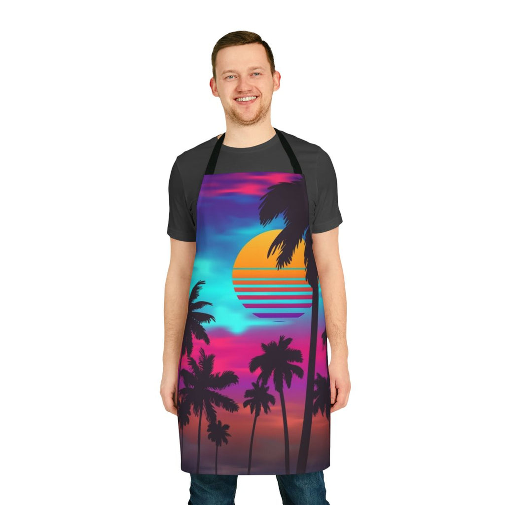 Crimson sunset-inspired synthwave apron with retro aesthetic