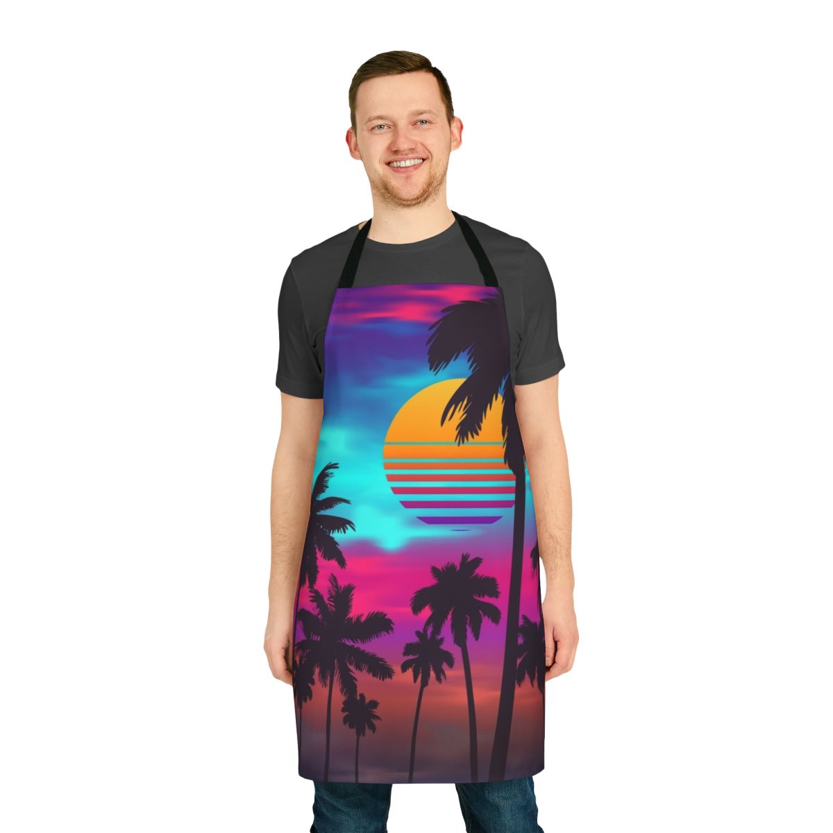 Crimson sunset-inspired synthwave apron with retro aesthetic