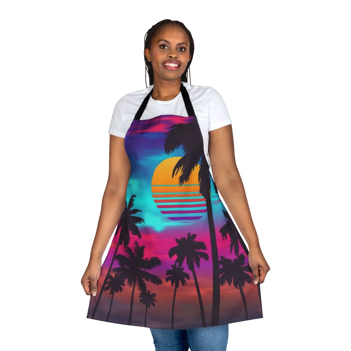 Crimson sunset-inspired synthwave apron with retro aesthetic