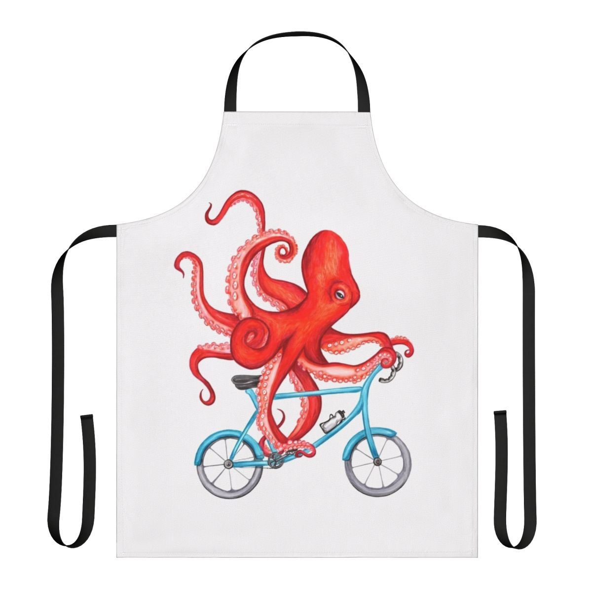 Illustration of a whimsical octopus riding a bicycle, printed on a high-quality apron