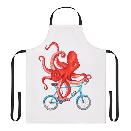 Illustration of a whimsical octopus riding a bicycle, printed on a high-quality apron