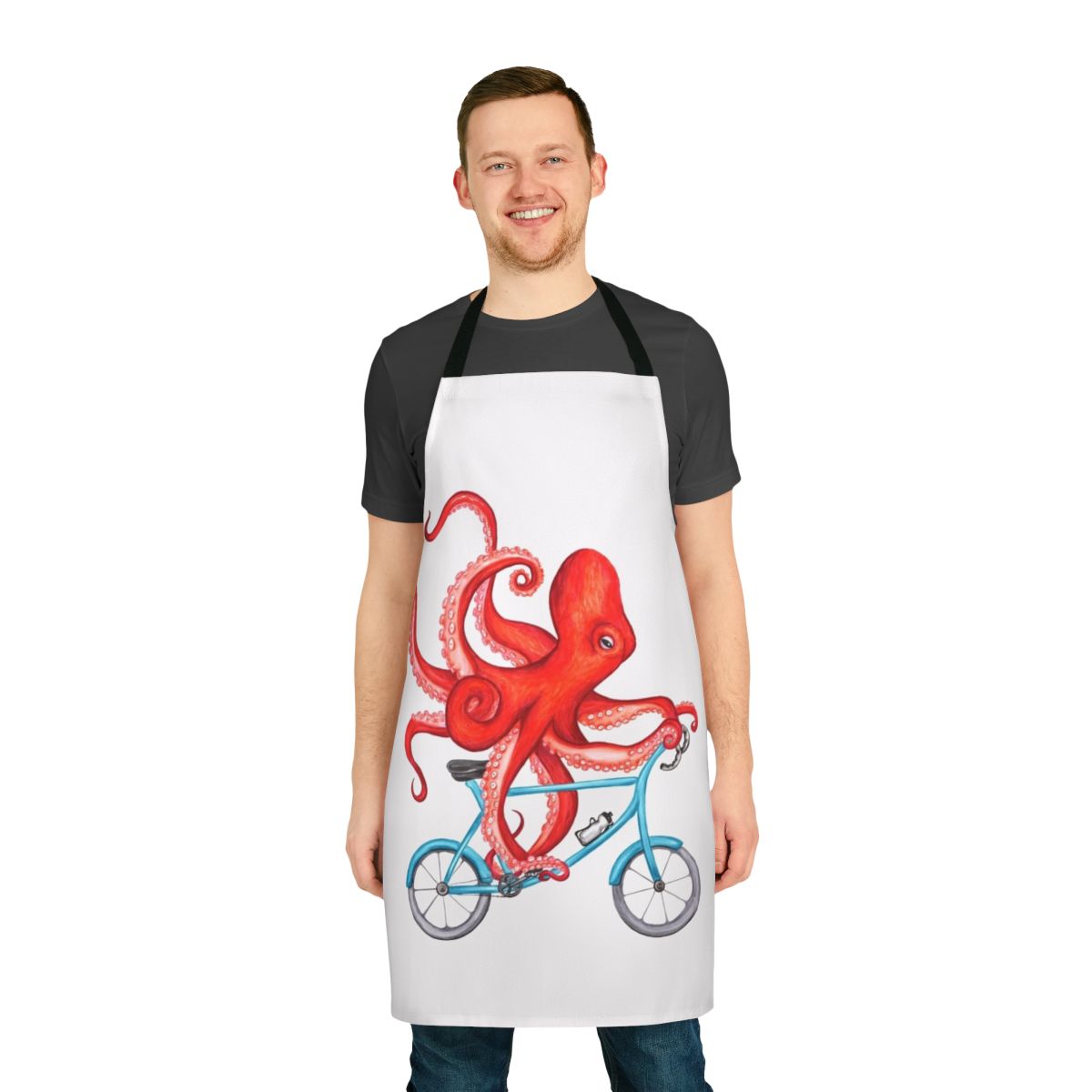 Illustration of a whimsical octopus riding a bicycle, printed on a high-quality apron
