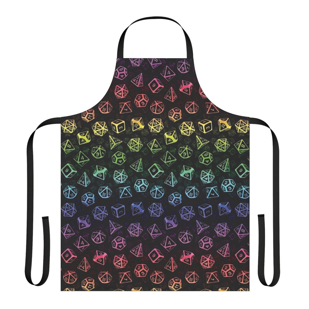 A colorful apron featuring a repeating pattern of d20 dice in a rainbow of colors, perfect for tabletop roleplaying gamers.