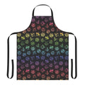 A colorful apron featuring a repeating pattern of d20 dice in a rainbow of colors, perfect for tabletop roleplaying gamers.