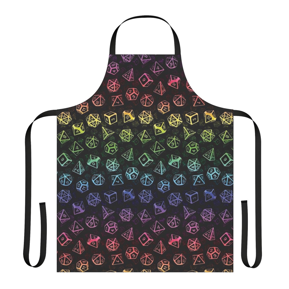 A colorful apron featuring a repeating pattern of d20 dice in a rainbow of colors, perfect for tabletop roleplaying gamers.