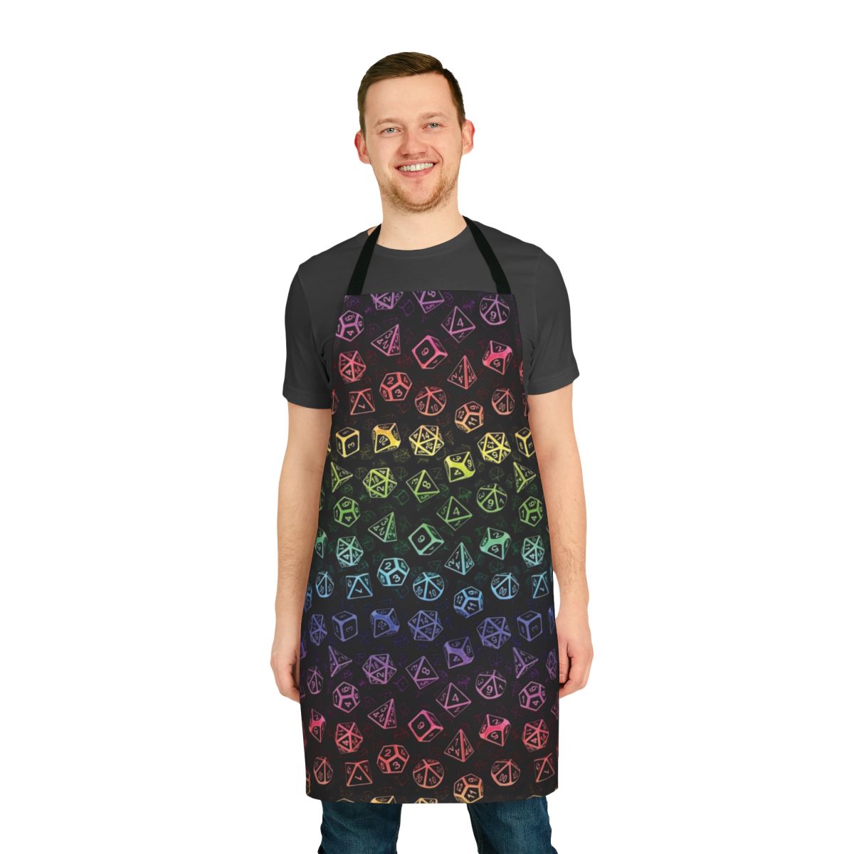 A colorful apron featuring a repeating pattern of d20 dice in a rainbow of colors, perfect for tabletop roleplaying gamers.
