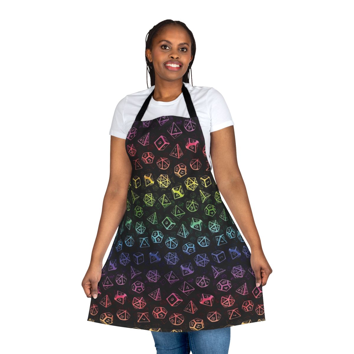 A colorful apron featuring a repeating pattern of d20 dice in a rainbow of colors, perfect for tabletop roleplaying gamers.