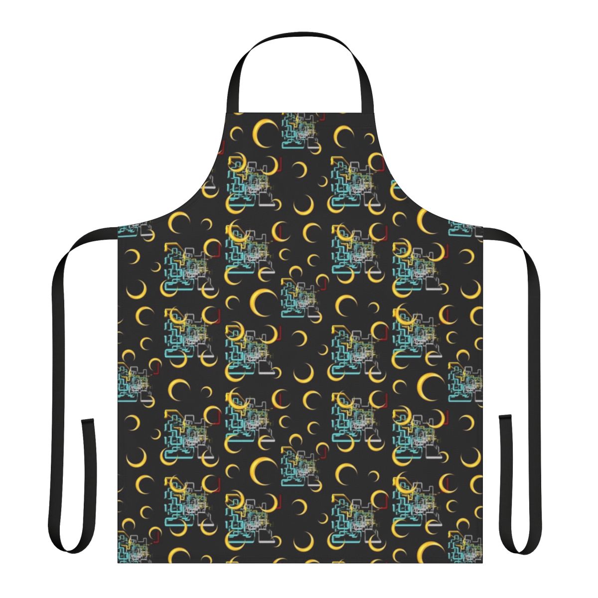 Colorful, abstract graphic apron featuring a vibrant Dan Flashes pattern design