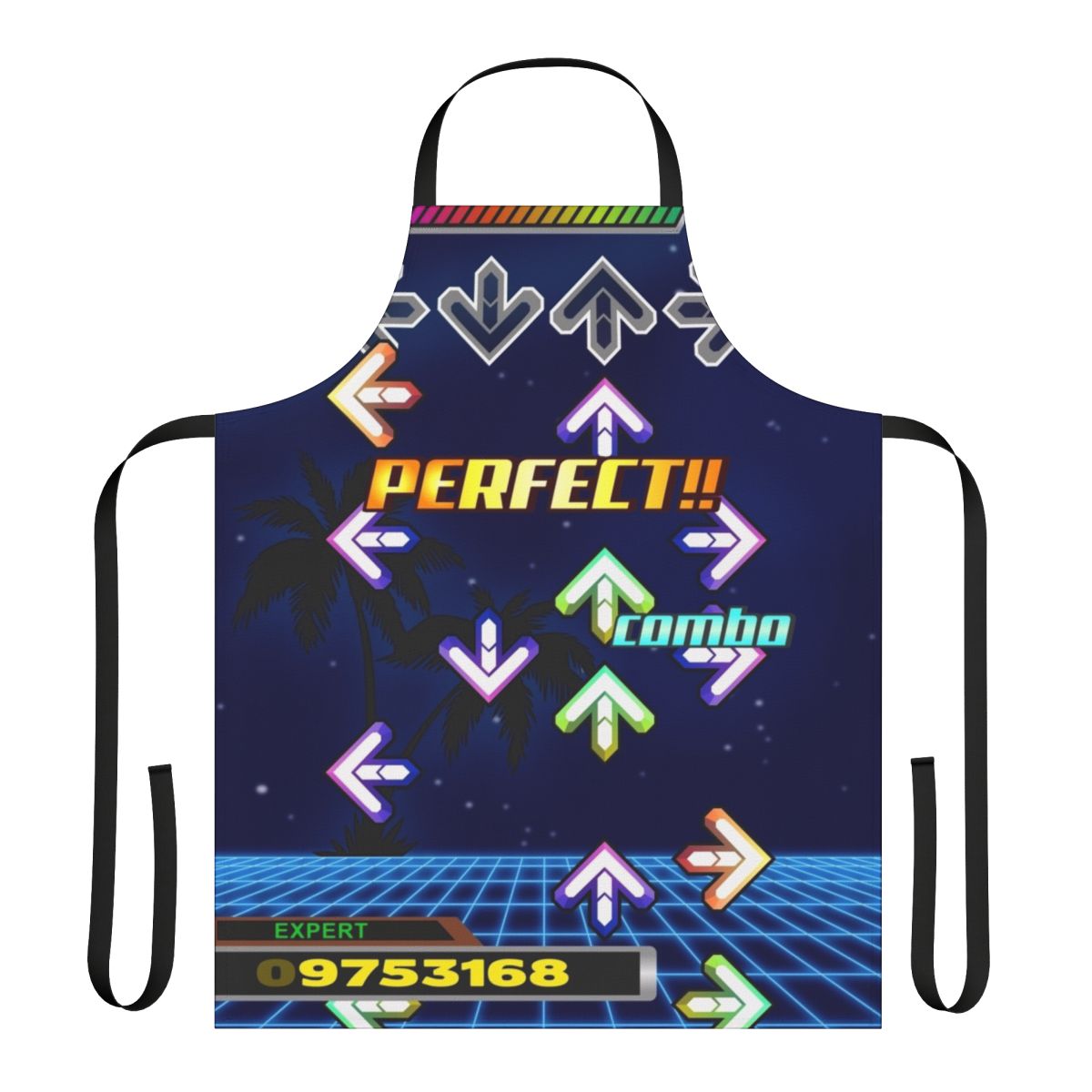 Colorful dance-themed apron with retro video game-inspired graphics and neon colors