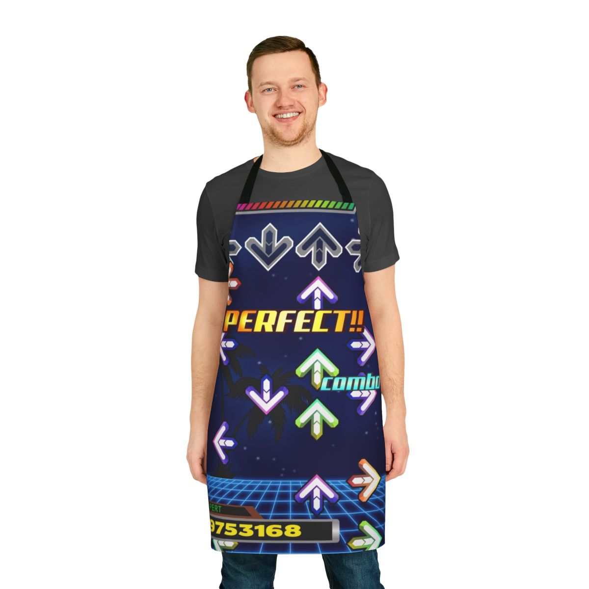 Colorful dance-themed apron with retro video game-inspired graphics and neon colors