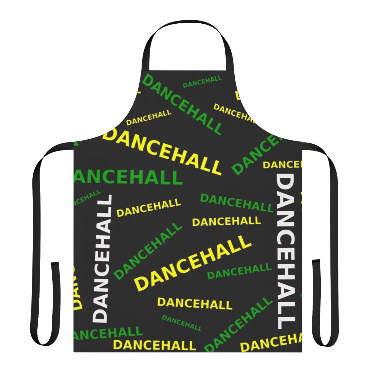 A black, green, and yellow apron with a dancehall-inspired design, perfect for music enthusiasts.