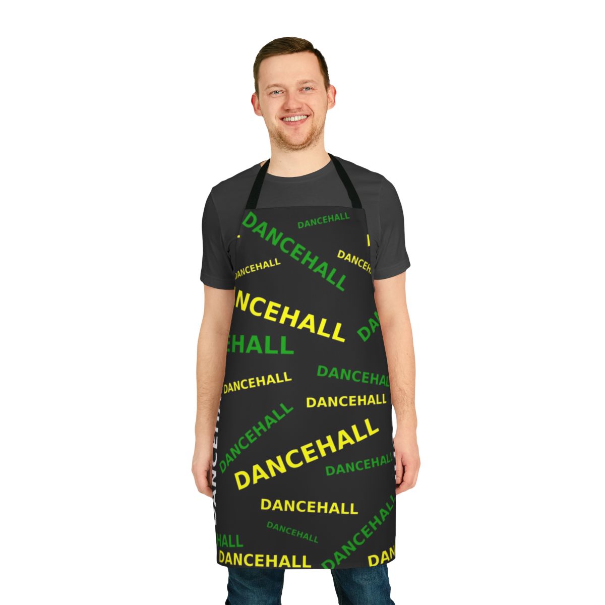 A black, green, and yellow apron with a dancehall-inspired design, perfect for music enthusiasts.