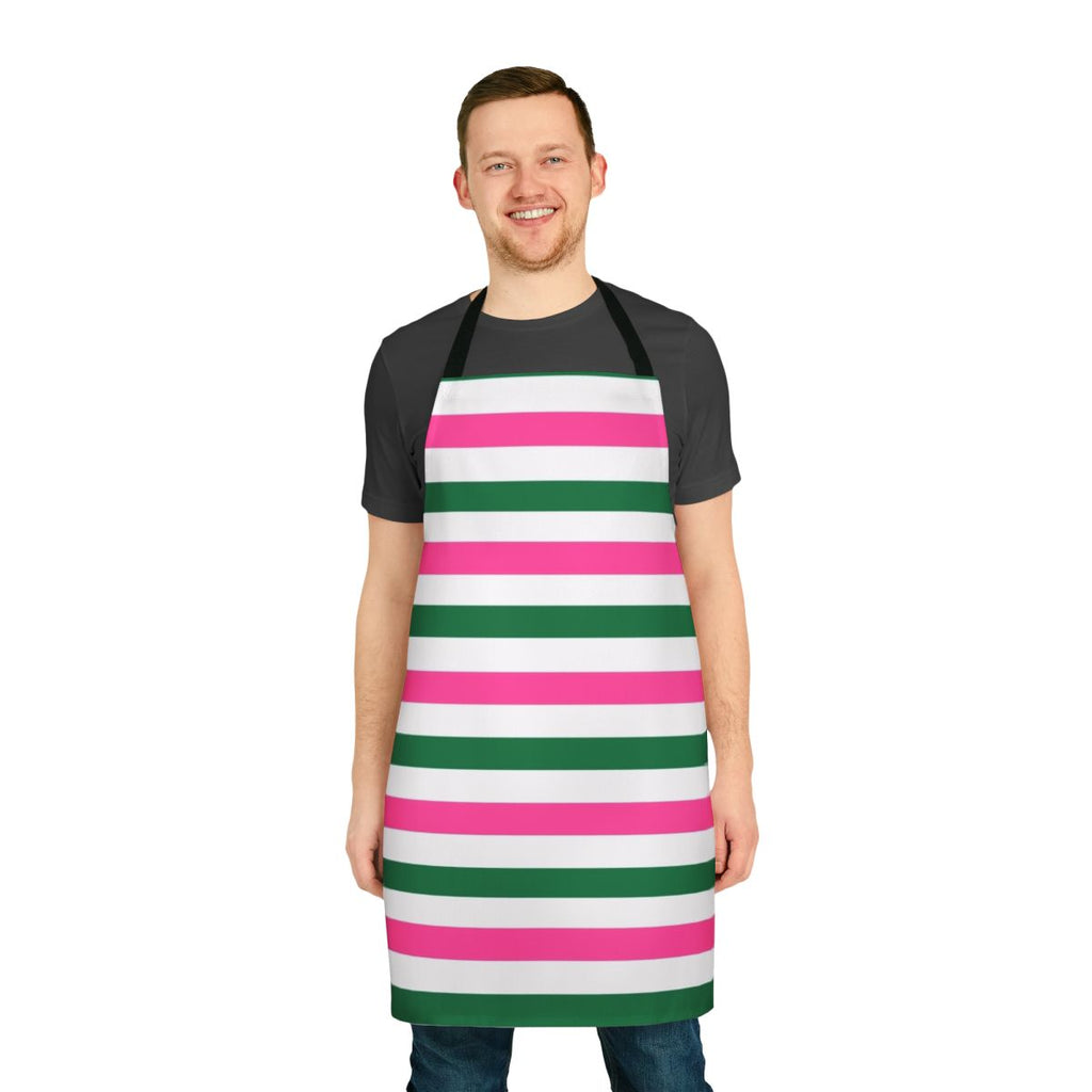 Deckchair-inspired striped apron in pink and green
