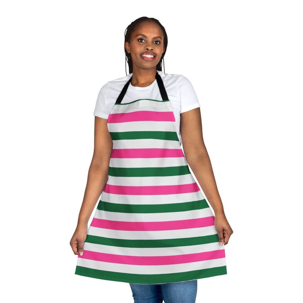 Deckchair-inspired striped apron in pink and green