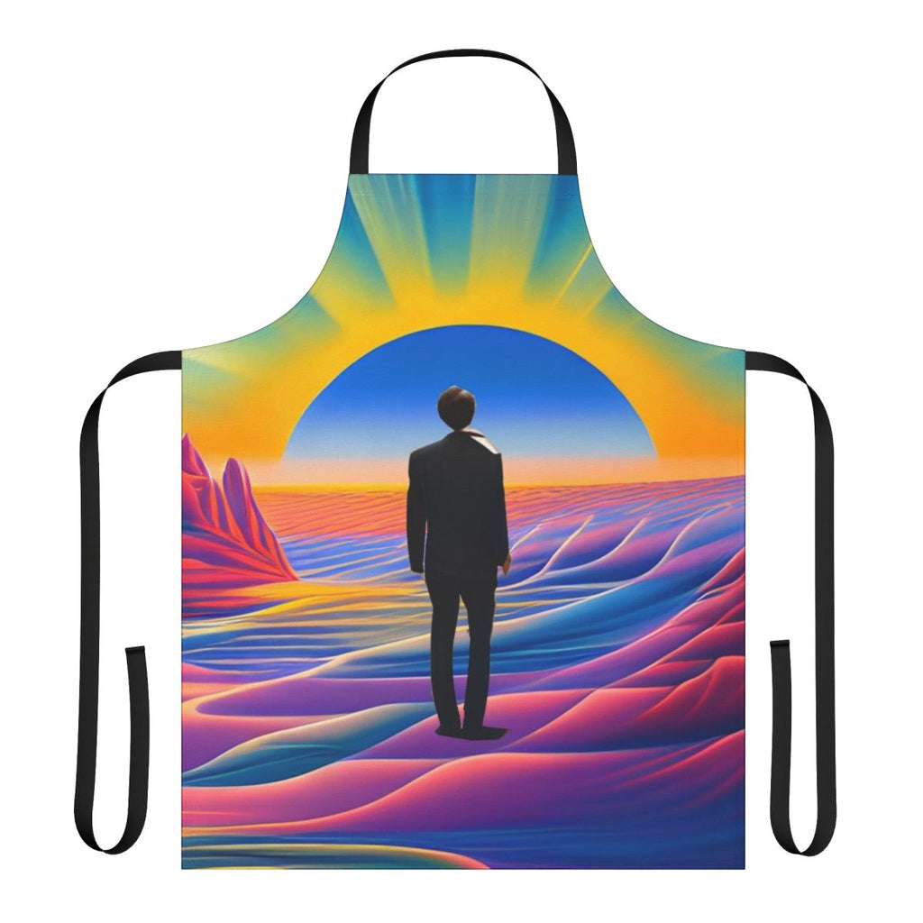 Colorful desert sunrise-inspired apron with abstract, modern patterns
