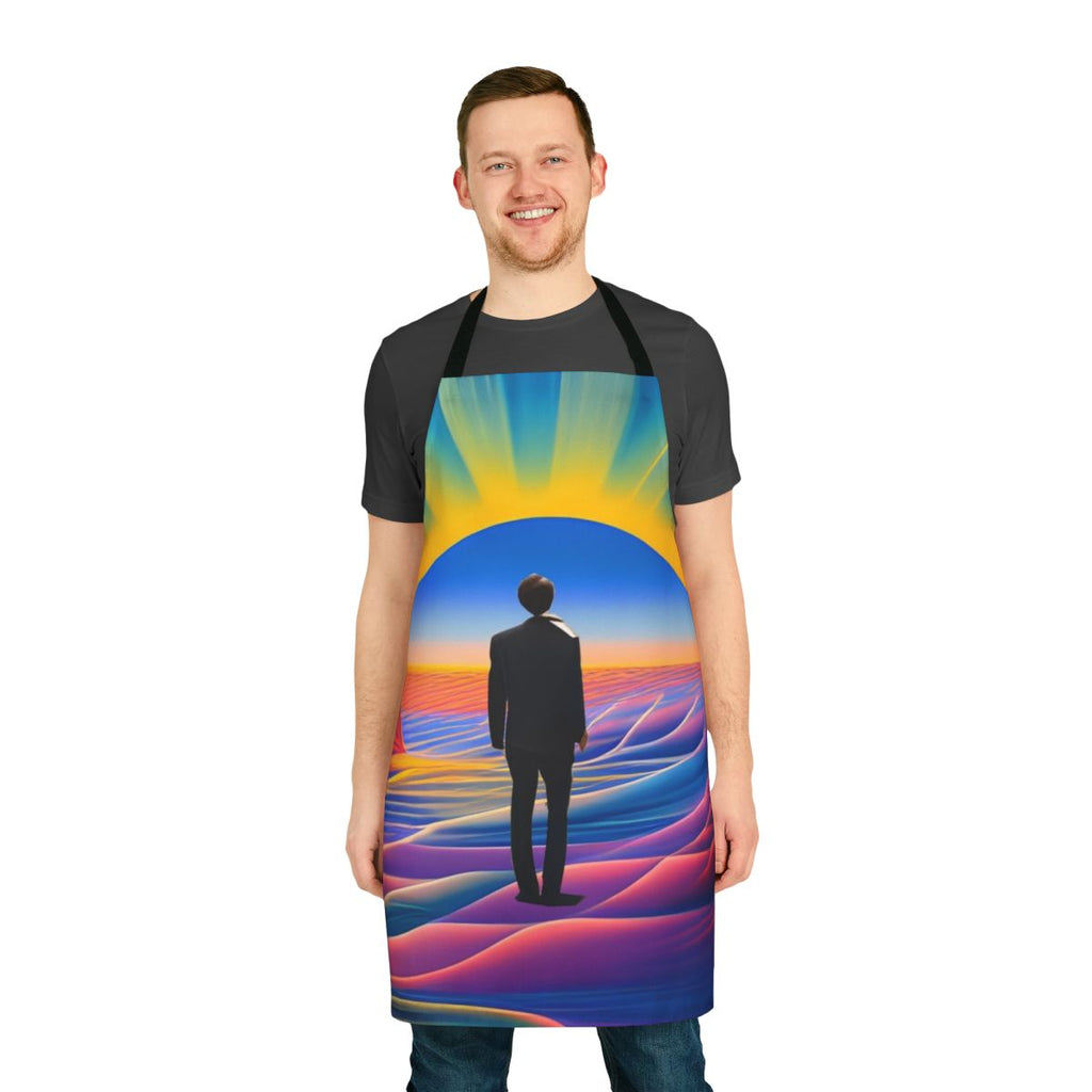 Colorful desert sunrise-inspired apron with abstract, modern patterns