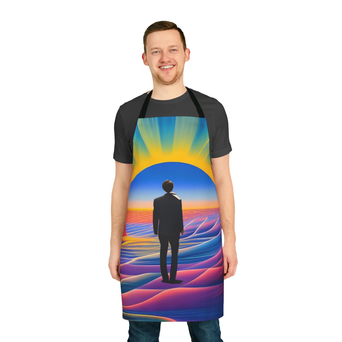 Colorful desert sunrise-inspired apron with abstract, modern patterns