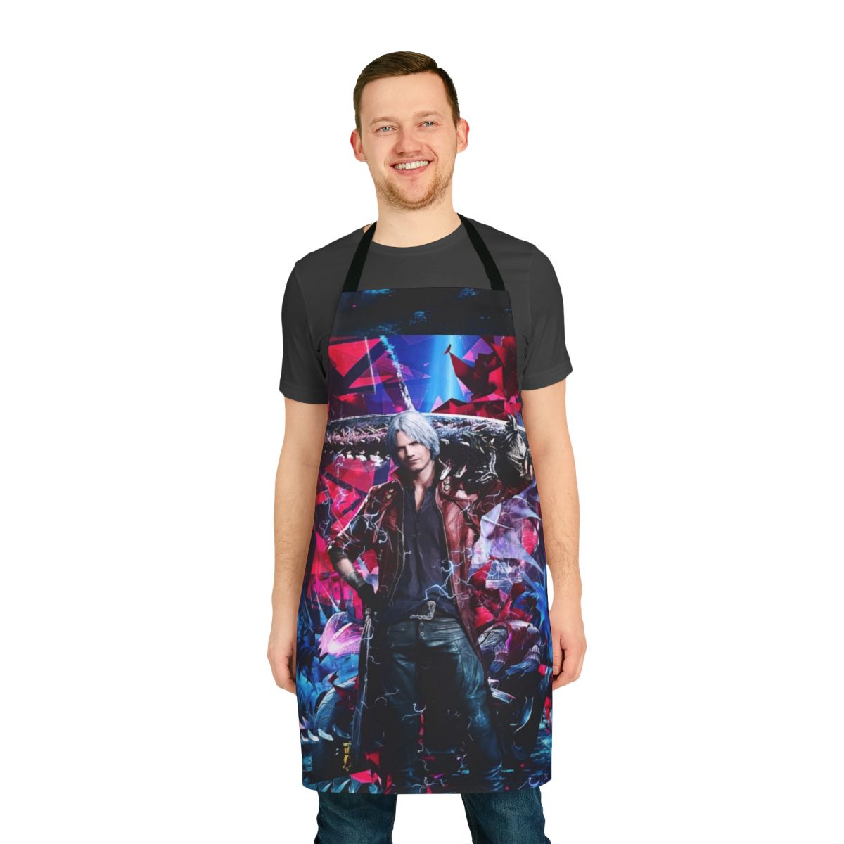 Vibrant abstract design gaming apron featuring popular Devil May Cry characters