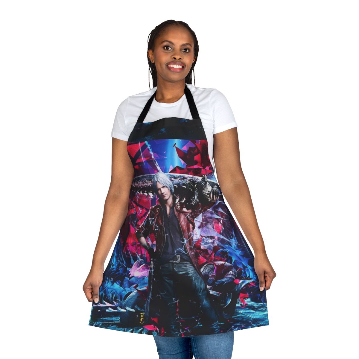 Vibrant abstract design gaming apron featuring popular Devil May Cry characters