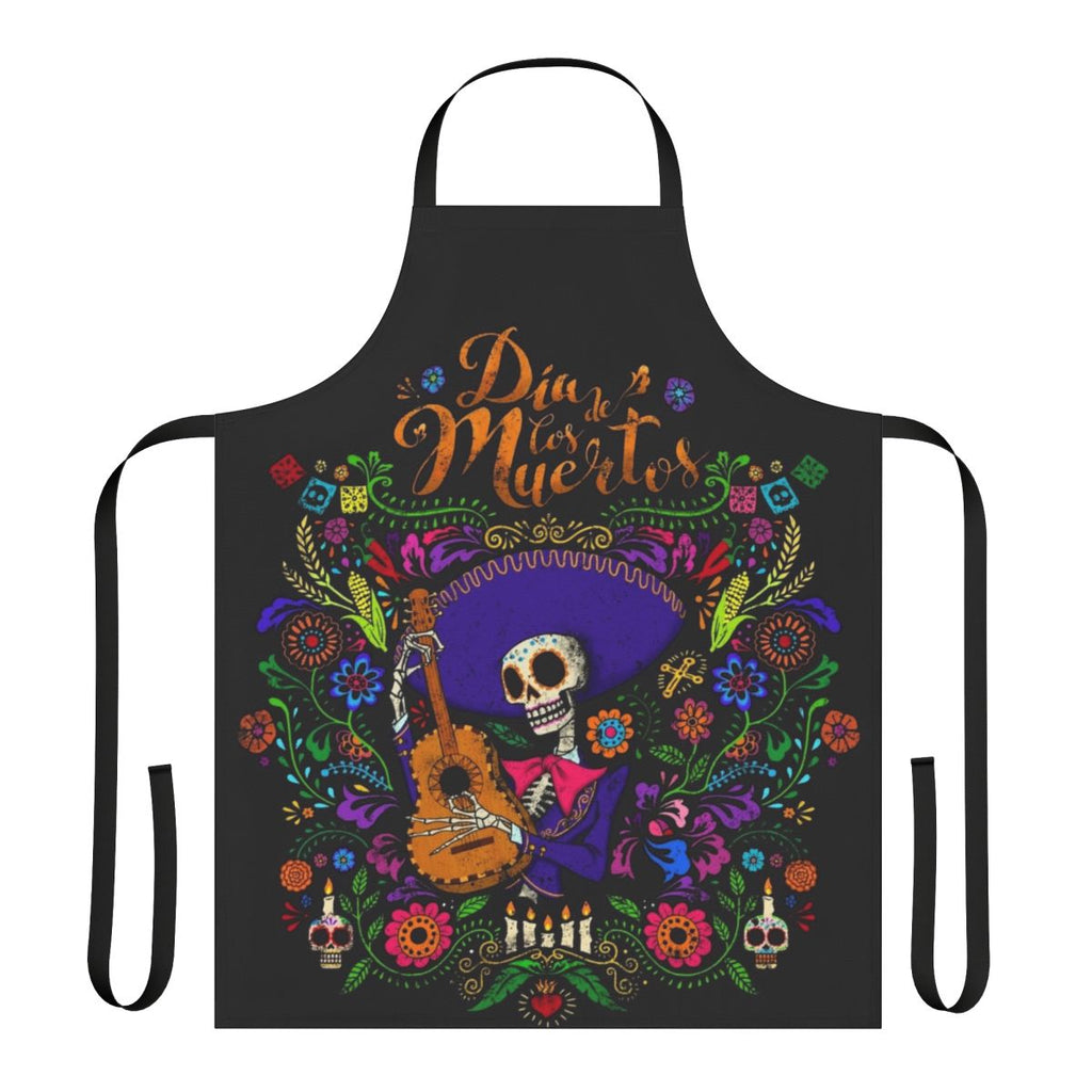 Colorful apron with day of the dead or dia de los muertos inspired design featuring sugar skulls, flowers, and traditional Mexican imagery.