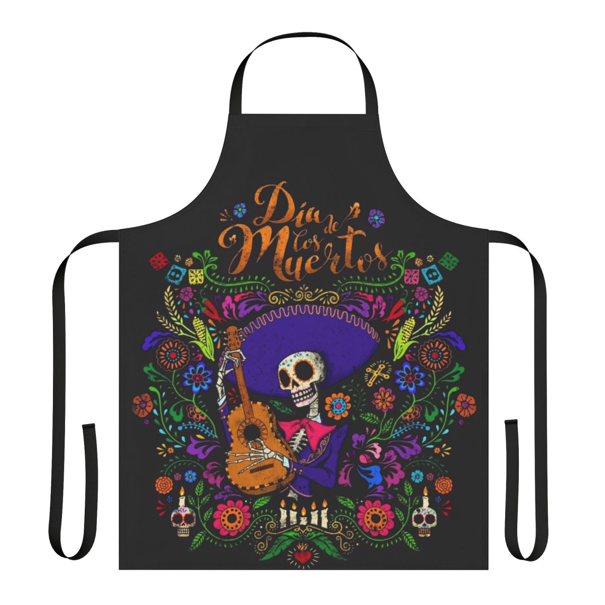 Colorful apron with day of the dead or dia de los muertos inspired design featuring sugar skulls, flowers, and traditional Mexican imagery.