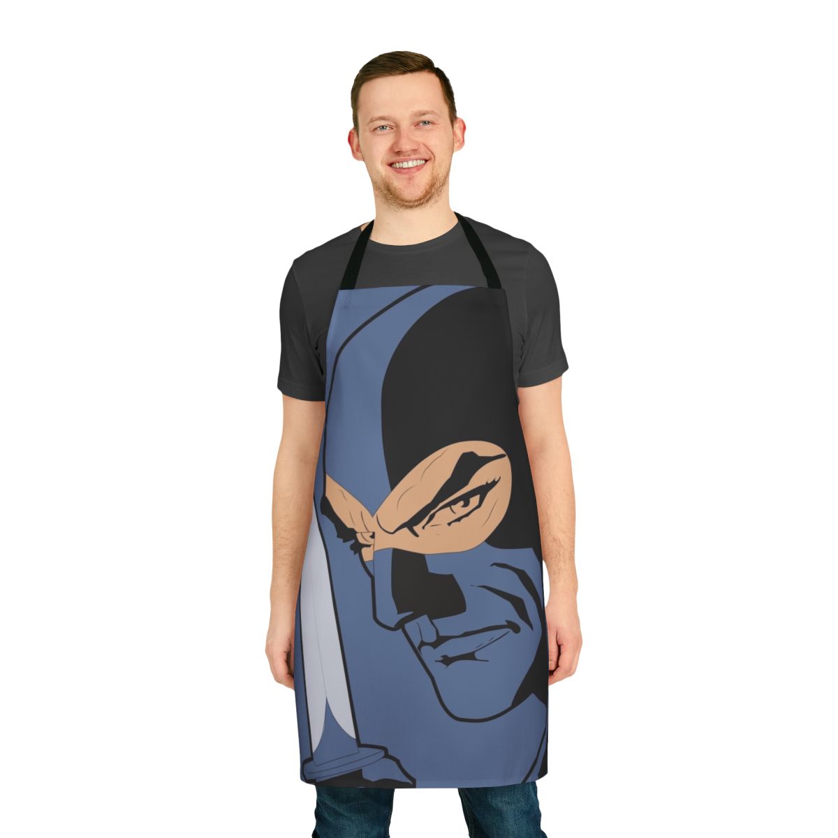 A stylish and high-quality apron featuring the iconic Italian thief character Diabolik and his partner Eva Kant in a bold, pop art-inspired design.