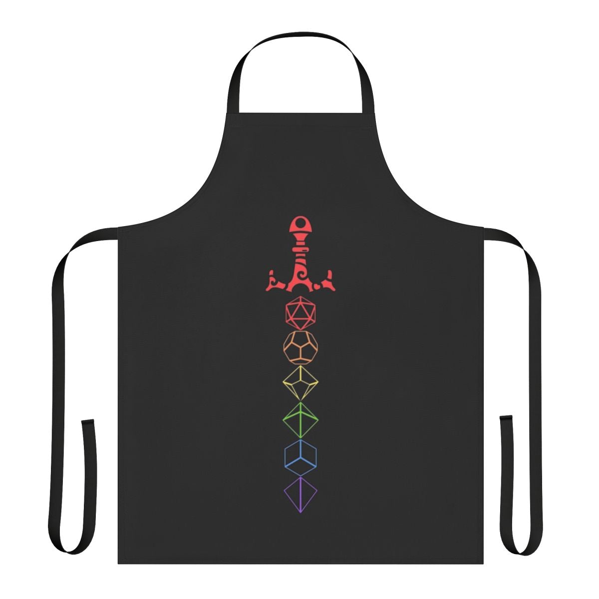 Colorful apron with rainbow dice and sword design for tabletop RPG gaming
