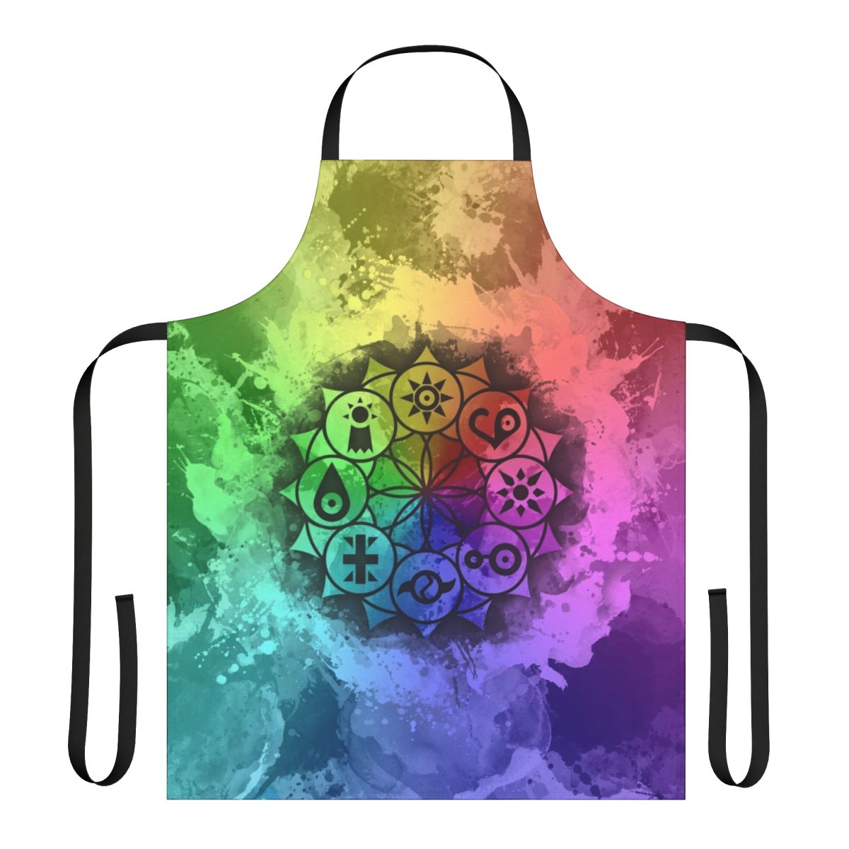 A vibrant apron featuring a colorful Digimon-inspired mandala design