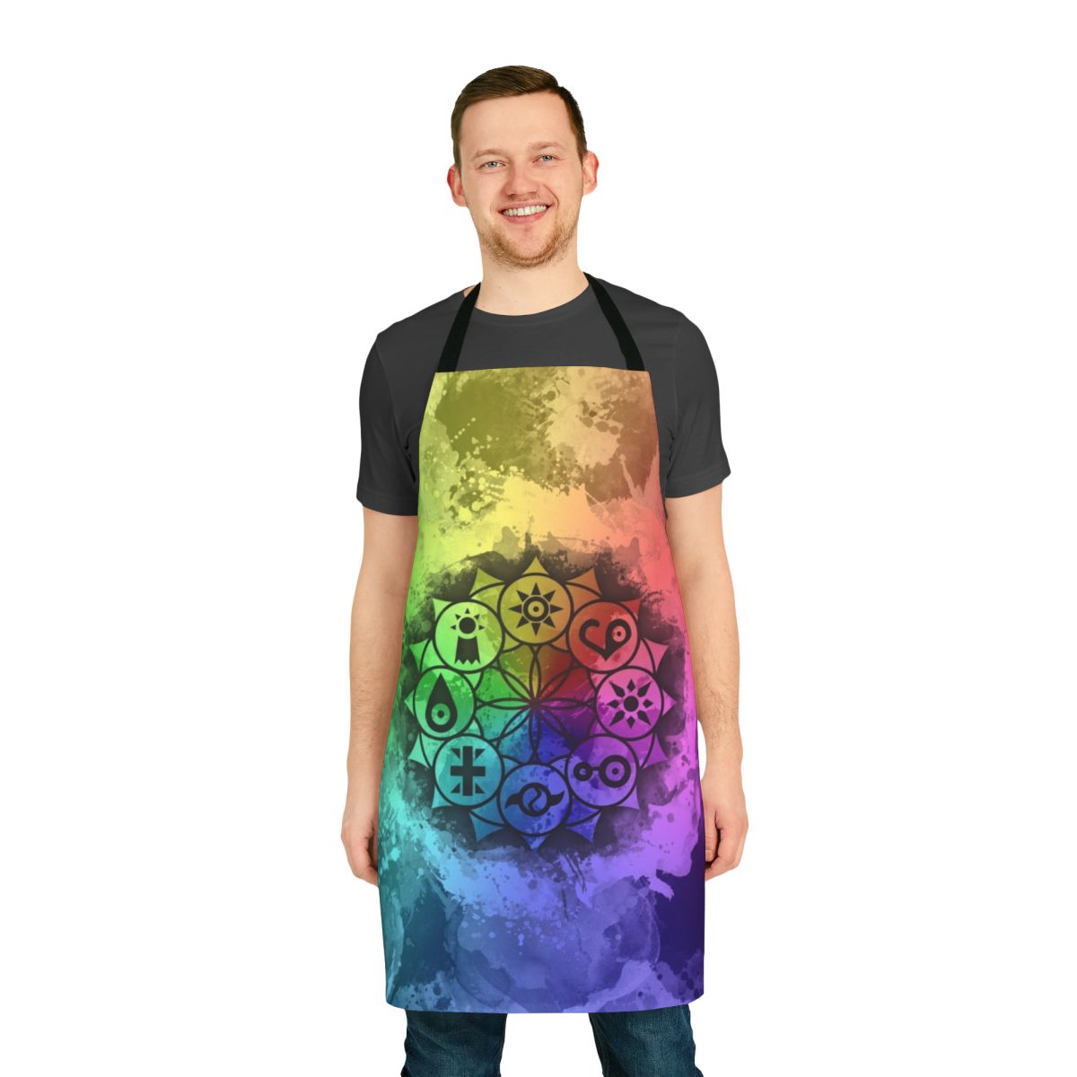 A vibrant apron featuring a colorful Digimon-inspired mandala design