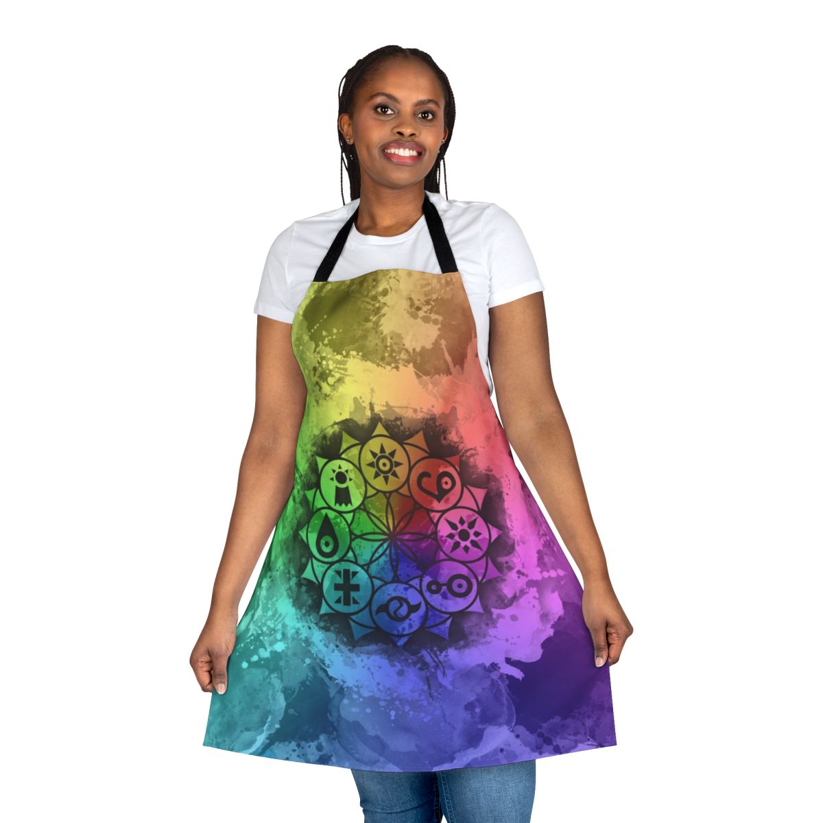 A vibrant apron featuring a colorful Digimon-inspired mandala design