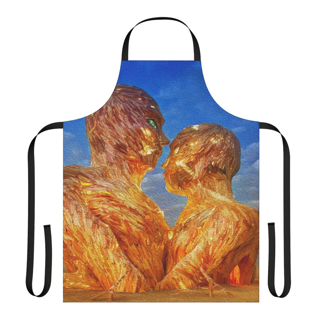 Vibrant digital art painting on a black apron, featuring abstract shapes and colors inspired by electronic music festivals.