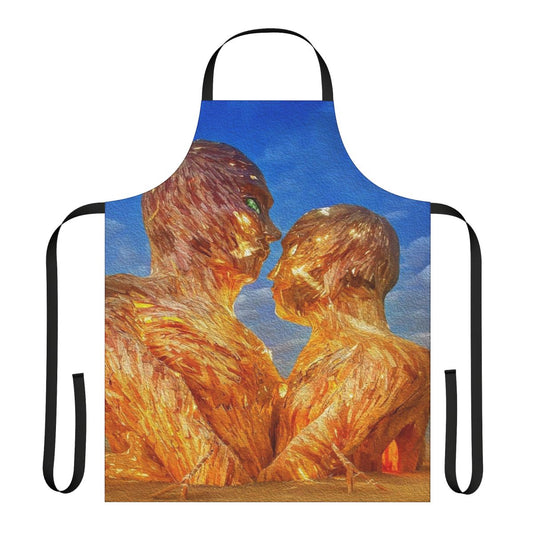 Vibrant digital art painting on a black apron, featuring abstract shapes and colors inspired by electronic music festivals.