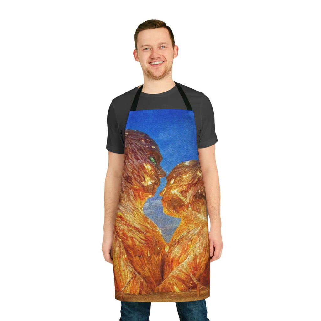 Vibrant digital art painting on a black apron, featuring abstract shapes and colors inspired by electronic music festivals.