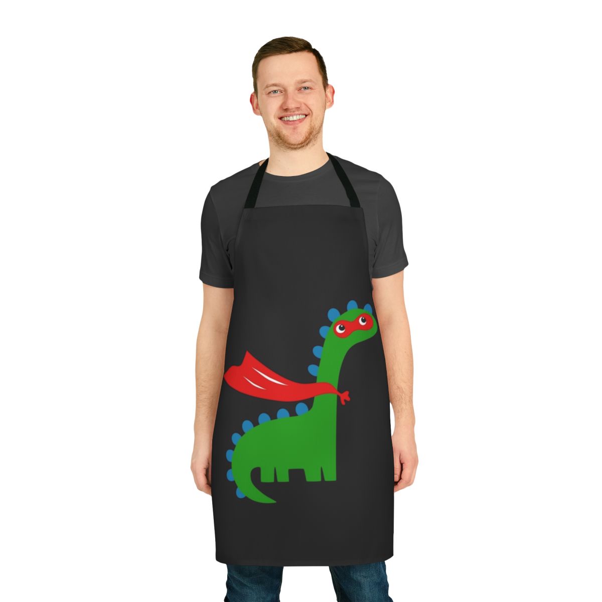 Colorful dinosaur superhero apron with cape and bold design
